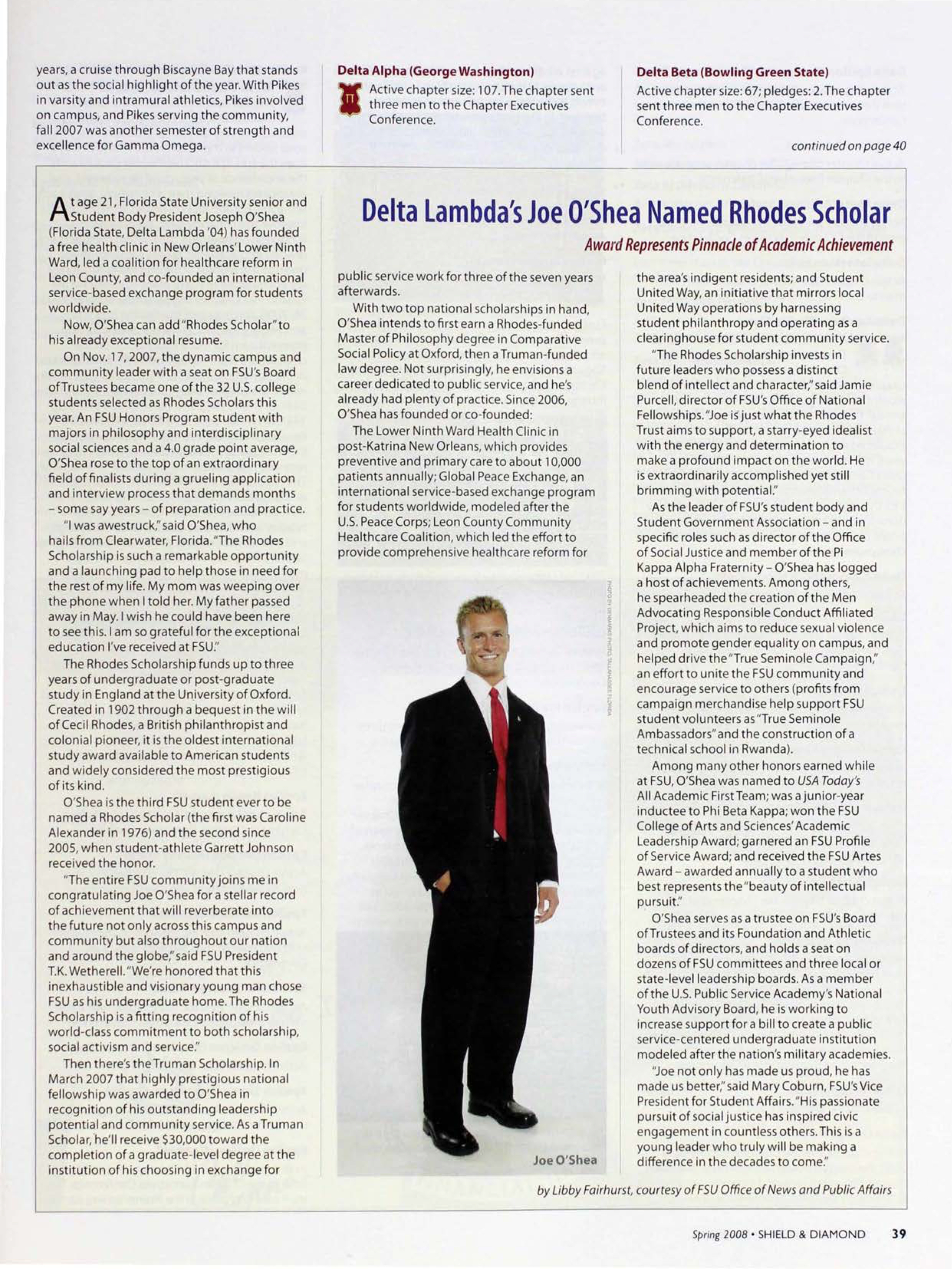 Delta Lambda's Joe O'Shea Named Rhodes Scholar